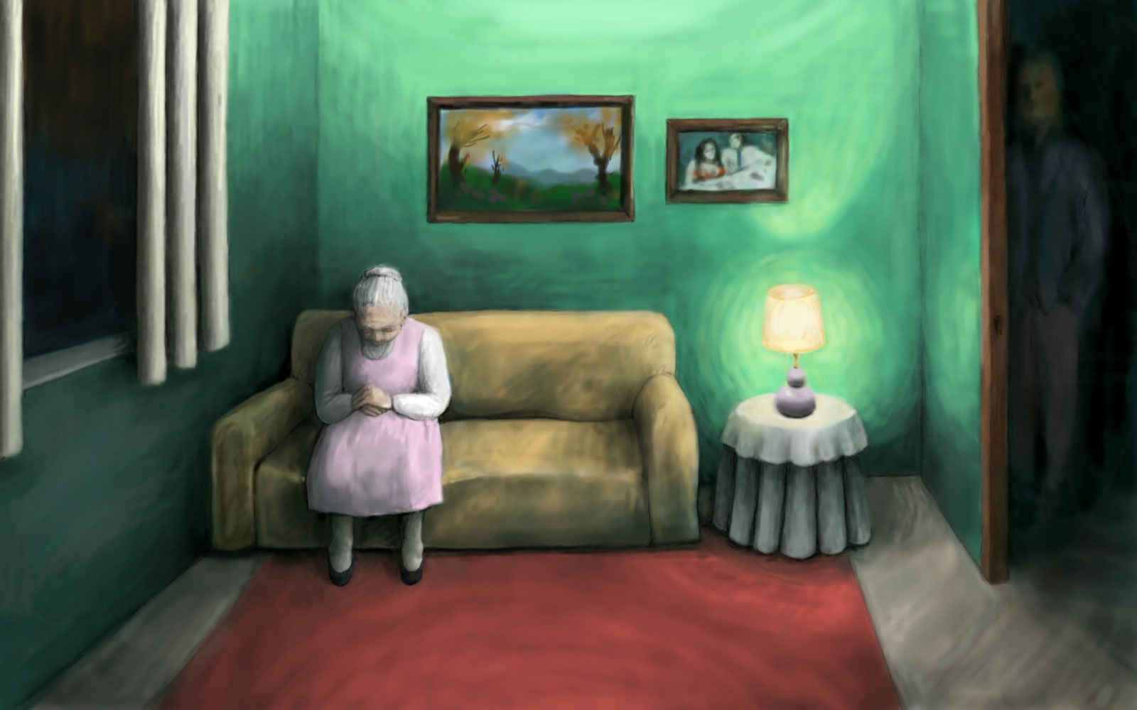 La señora mayor sola en su salón